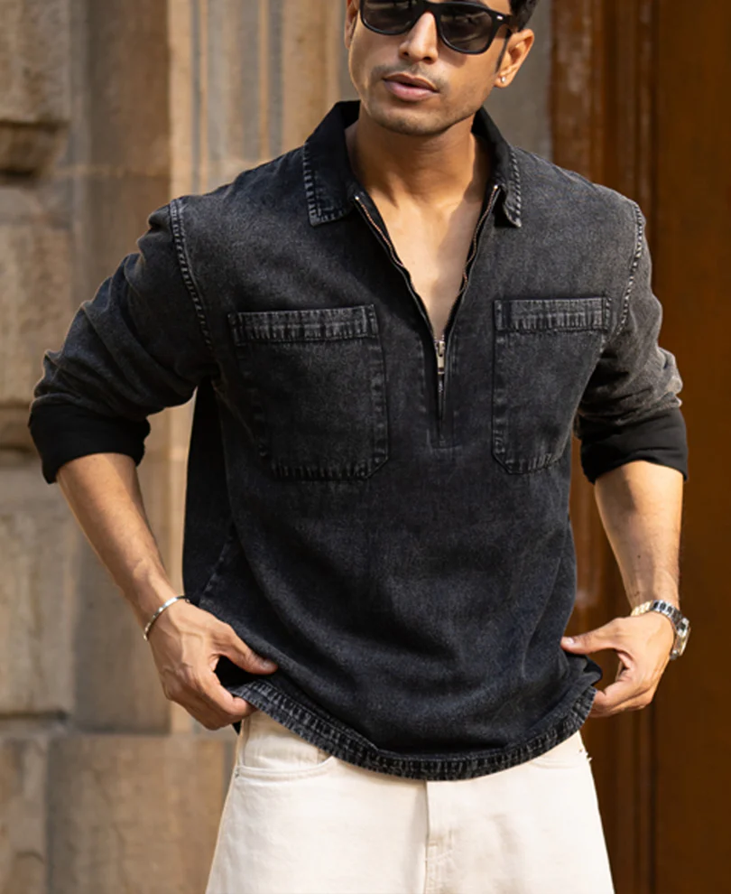 Black Washed Denim Polo Shirt - Image 3