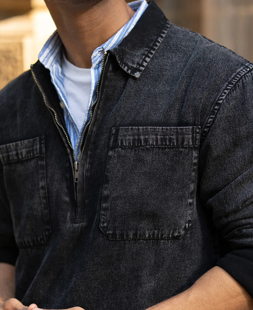 Black Washed Denim Polo Shirt - Image 4