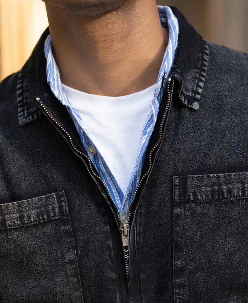 Black Washed Denim Polo Shirt - Image 5