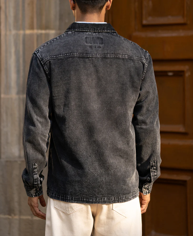 Black Washed Denim Polo Shirt - Image 6