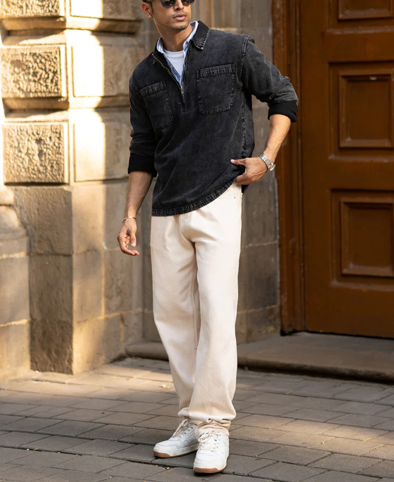 Black Washed Denim Polo Shirt - Image 7