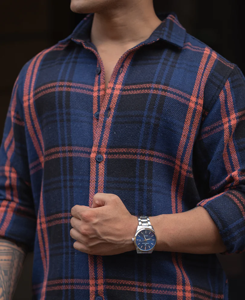 Blue And Orange Checks Regular Fit Full Sleeves Shirt - Image 4