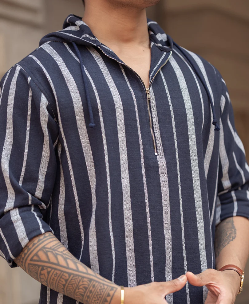 Blue And White Stripes Regular Fit Full Sleeves Hoodie Shirt - Image 4
