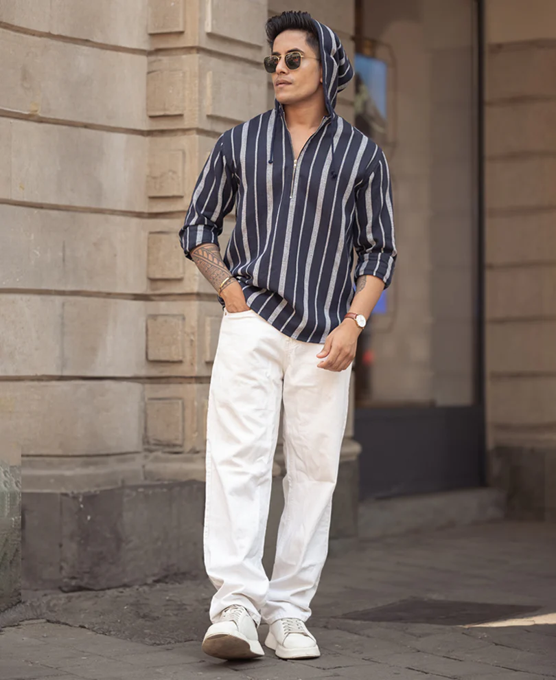 Blue And White Stripes Regular Fit Full Sleeves Hoodie Shirt - Image 5