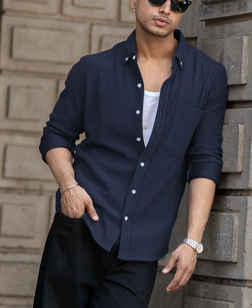 Blue Corduroy Regular Fit Full Sleeves Shirt - Image 3