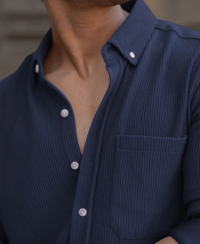 Blue Corduroy Regular Fit Full Sleeves Shirt - Image 5