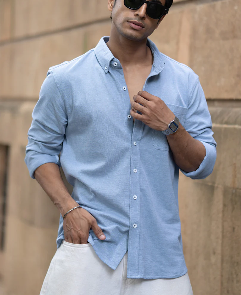 Blue Knitted Button Down Shirt - Image 3