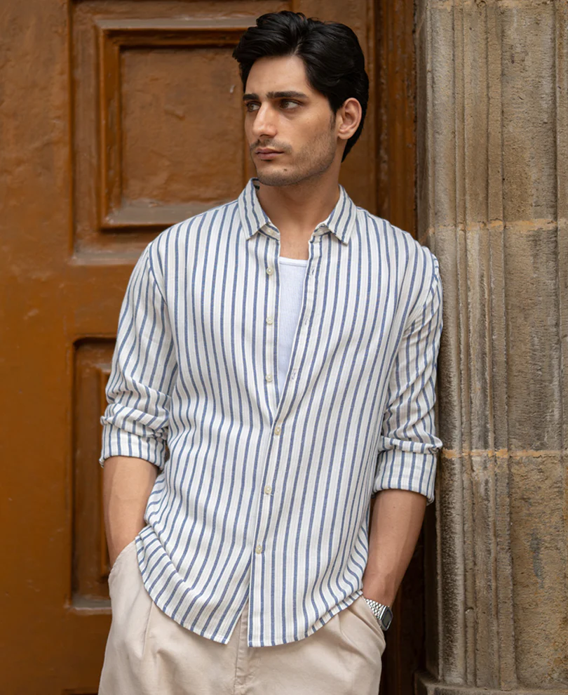 Blue Linen Blend Striped Shirt