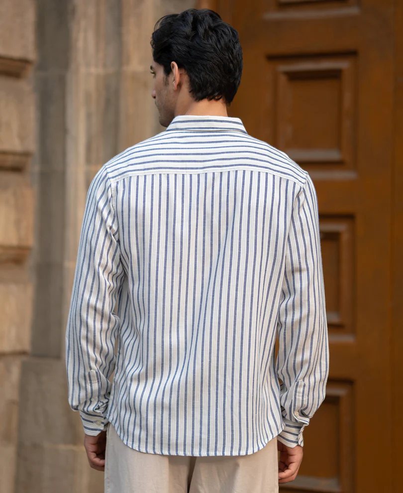 Blue Linen Blend Striped Shirt - Image 6