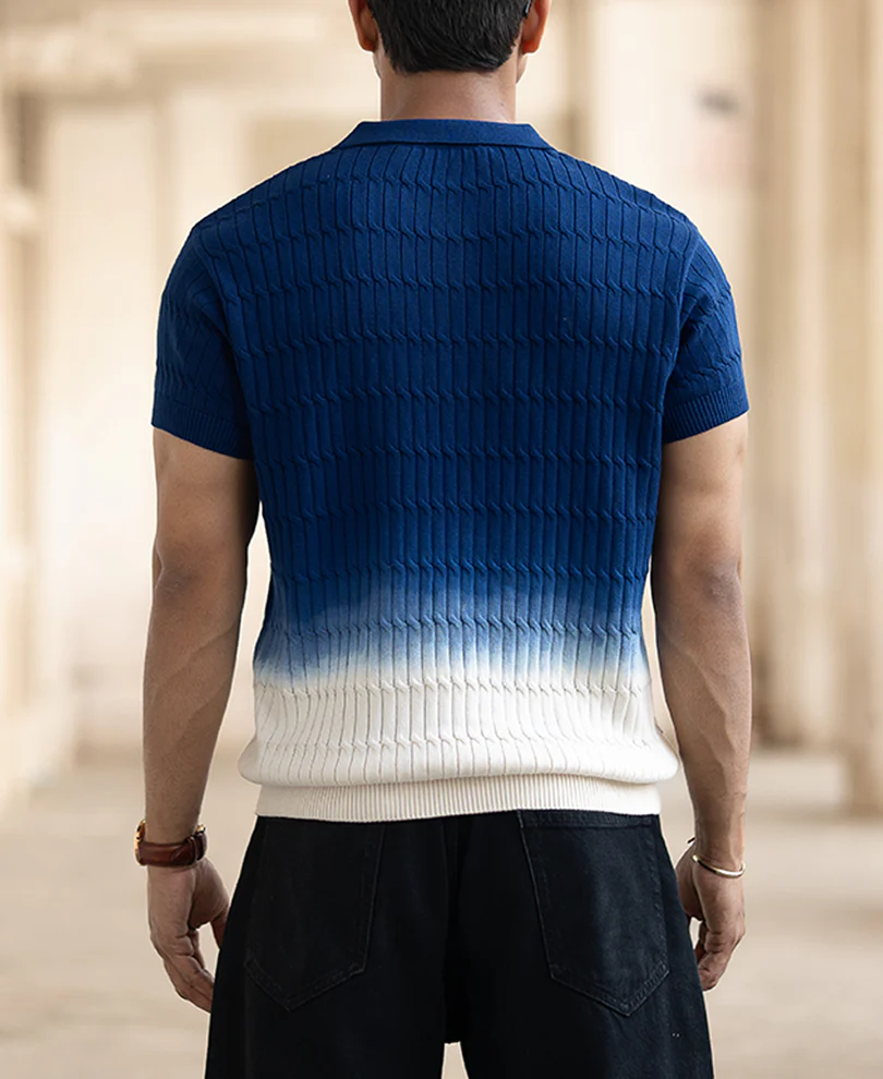 Blue Ombre Knit Polo T-Shirt - Image 3