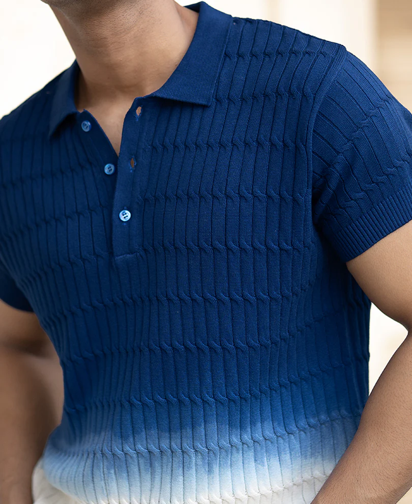 Blue Ombre Knit Polo T-Shirt - Image 4