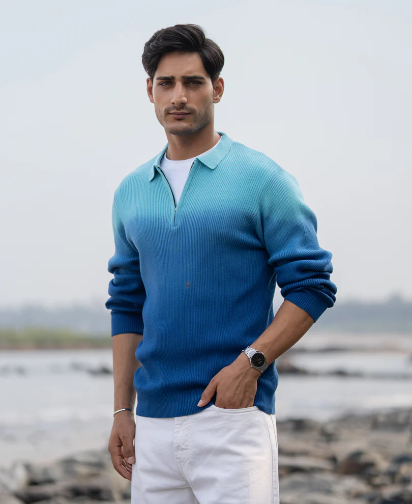 Blue Ombre Structure Cotton Sweatshirt