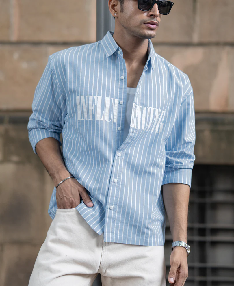 Blue Oversize Stripe Shirt With Print
