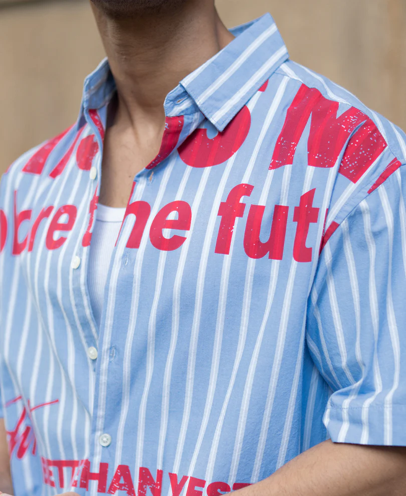 Blue Slogan Print Stripe Shirt