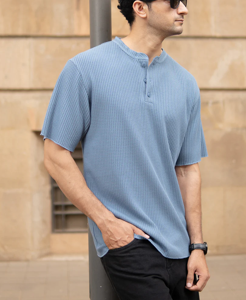 Blue Structure Knit Henley T-Shirt - Image 2
