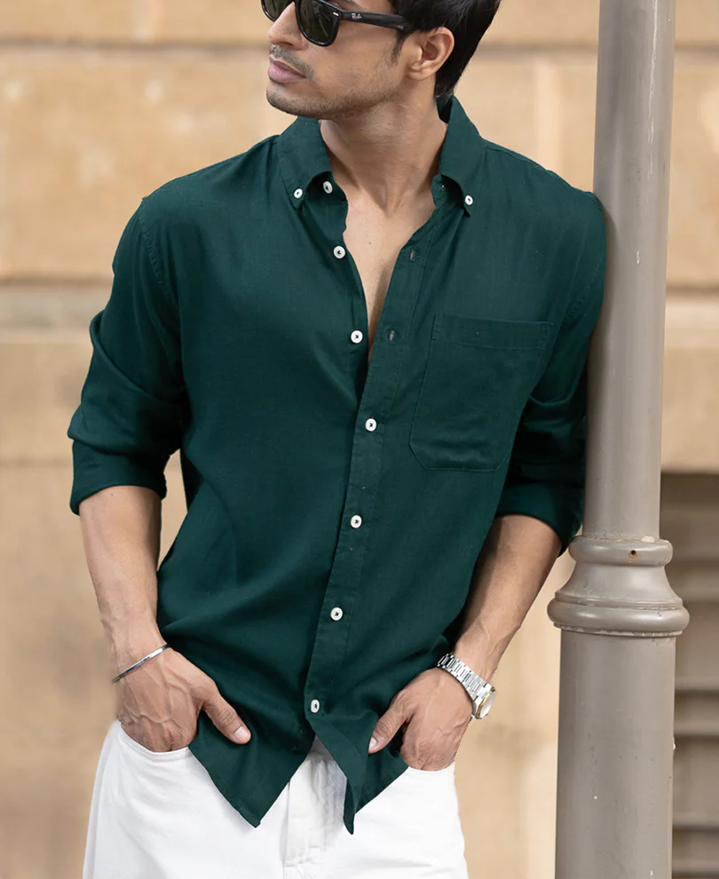 Bottle Green Linen Blend Shirt - Image 2