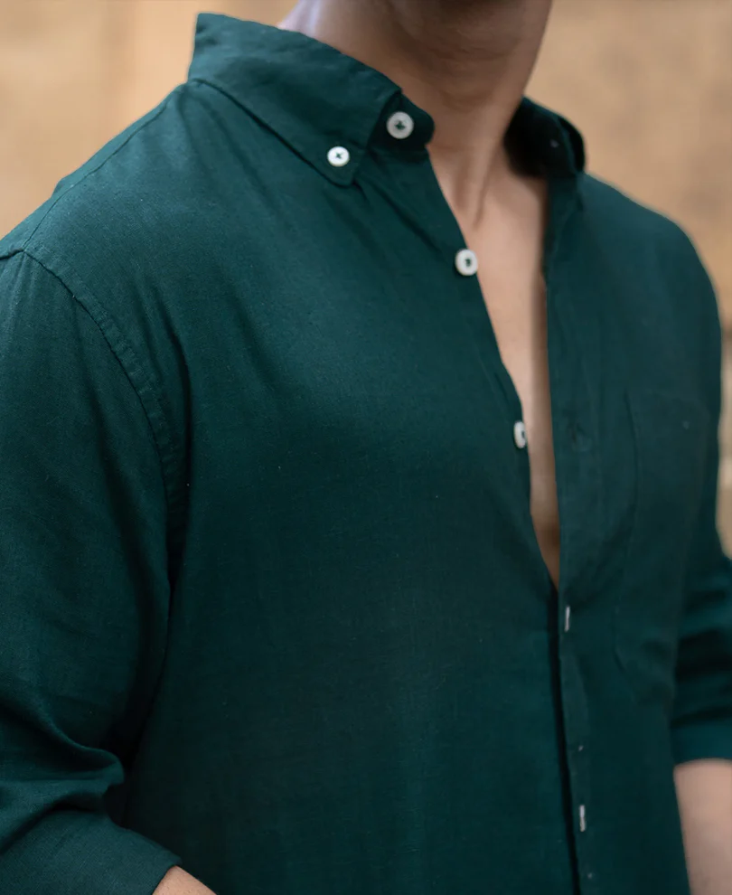 Bottle Green Linen Blend Shirt - Image 3