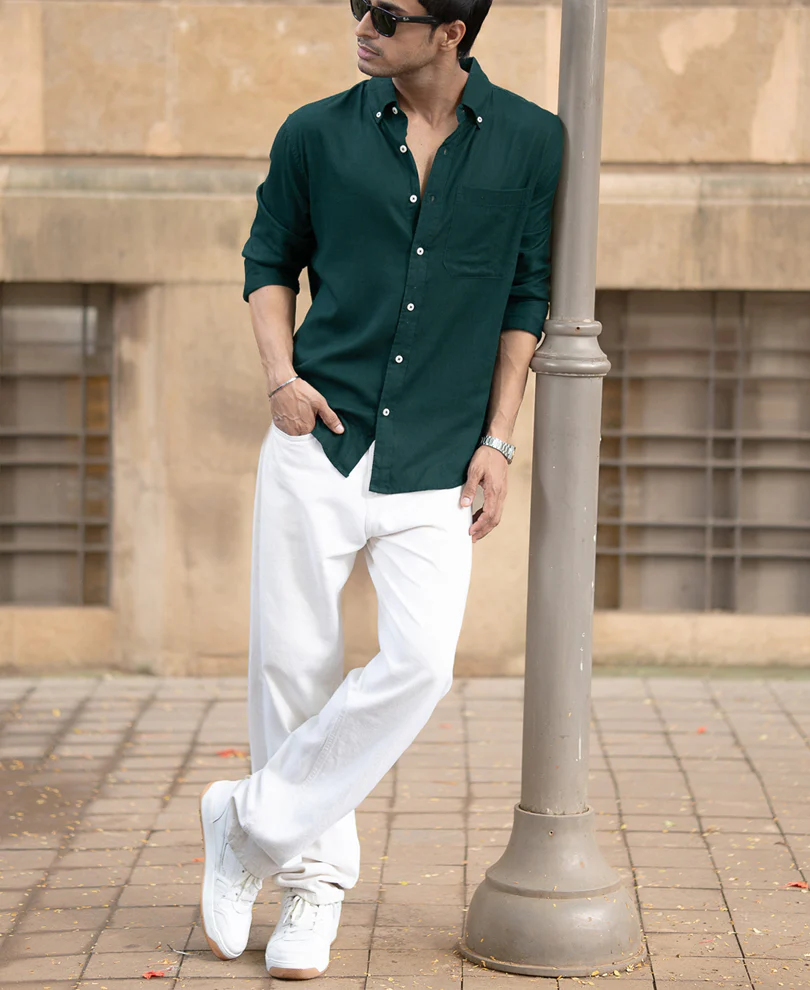 Bottle Green Linen Blend Shirt - Image 6