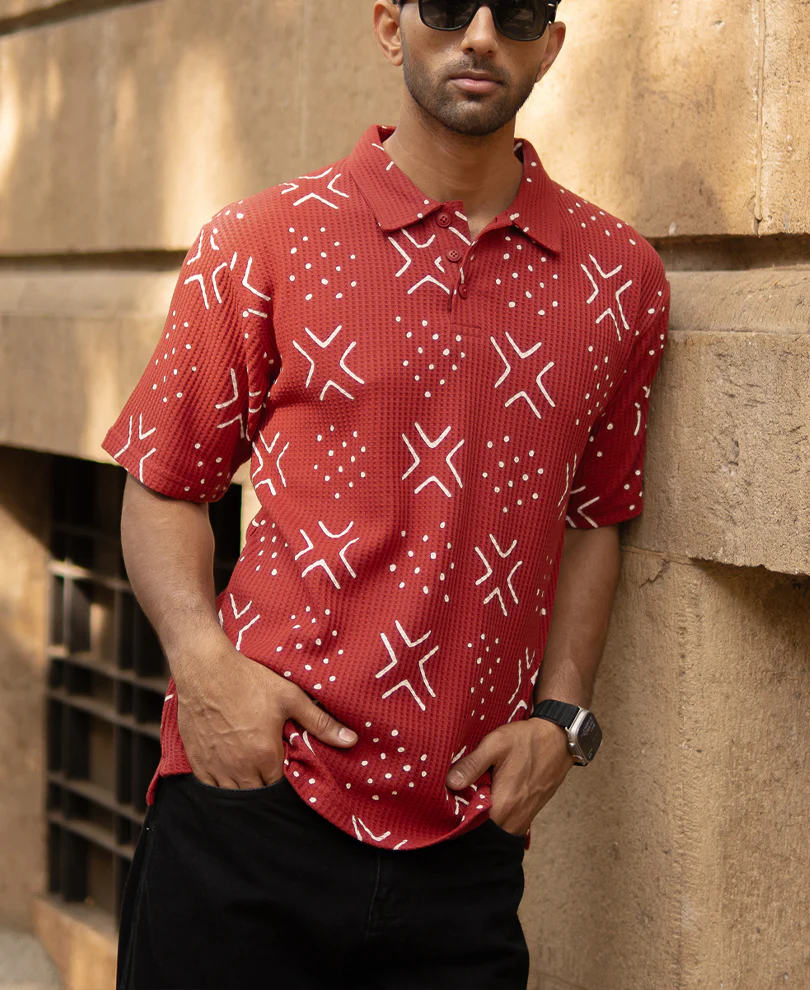 Brick Red Printed Polo T-Shirt - Image 2