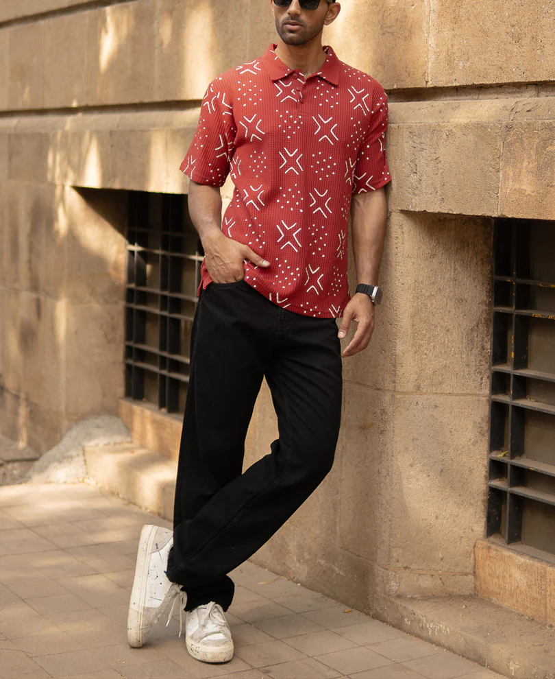Brick Red Printed Polo T-Shirt - Image 6