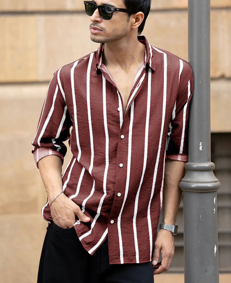 Brick Red Printed Stripe Shirt - Image 2