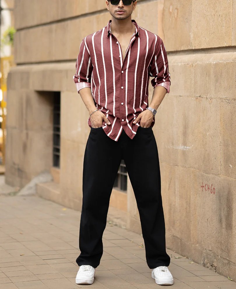Brick Red Printed Stripe Shirt - Image 5