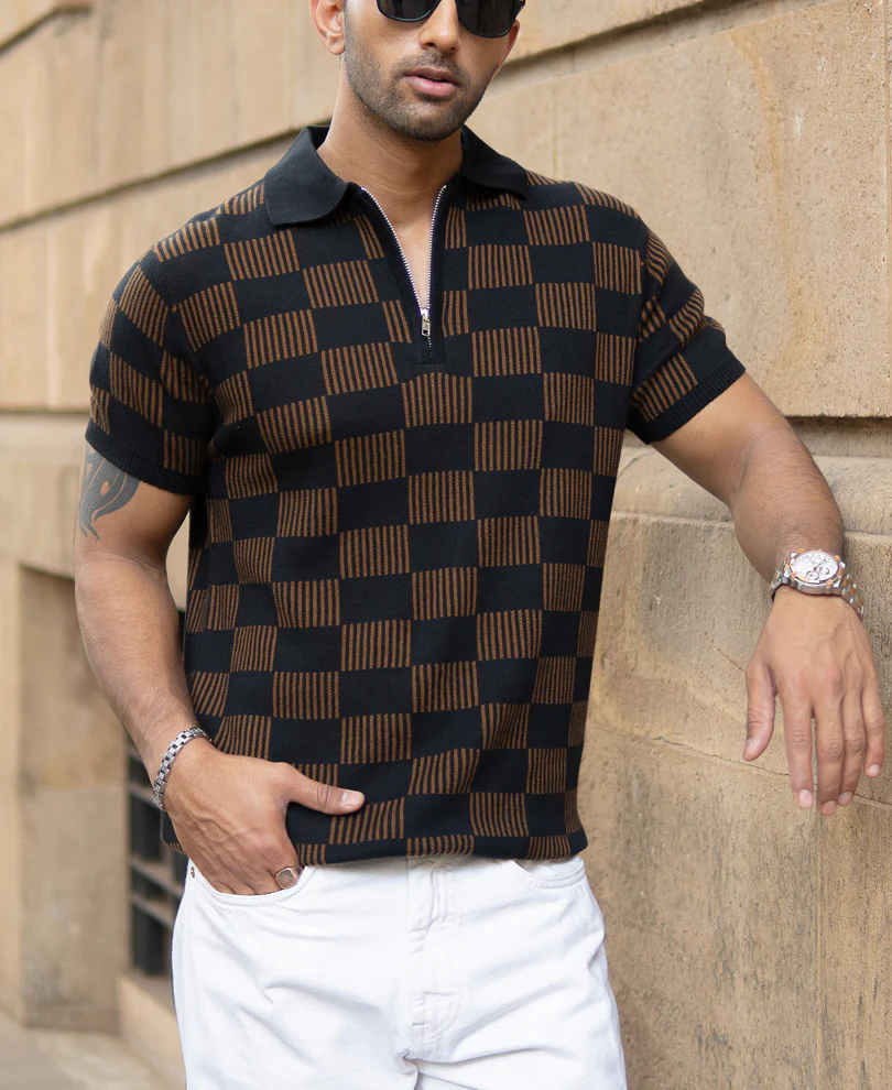 Brown And Black Jacquard Knit T-Shirt - Image 3