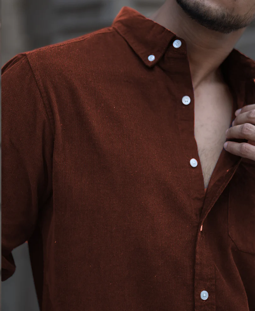 Brown Corduroy Regular Fit Full Sleeves Shirt - Image 2