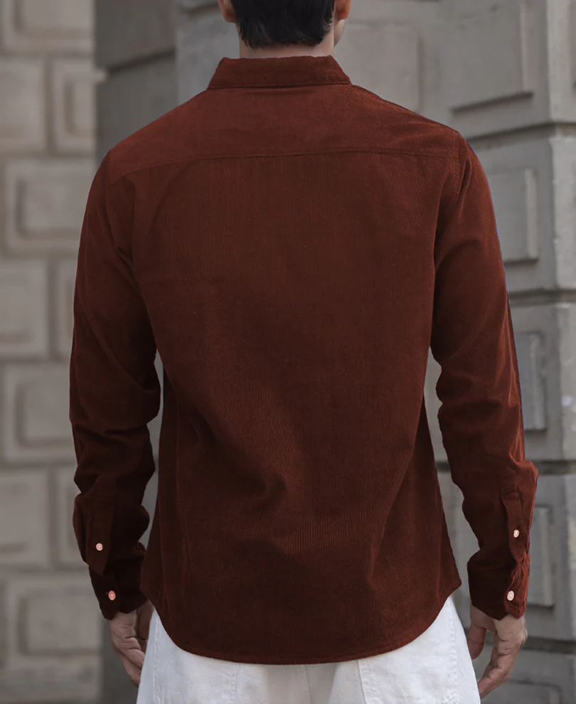 Brown Corduroy Regular Fit Full Sleeves Shirt - Image 4