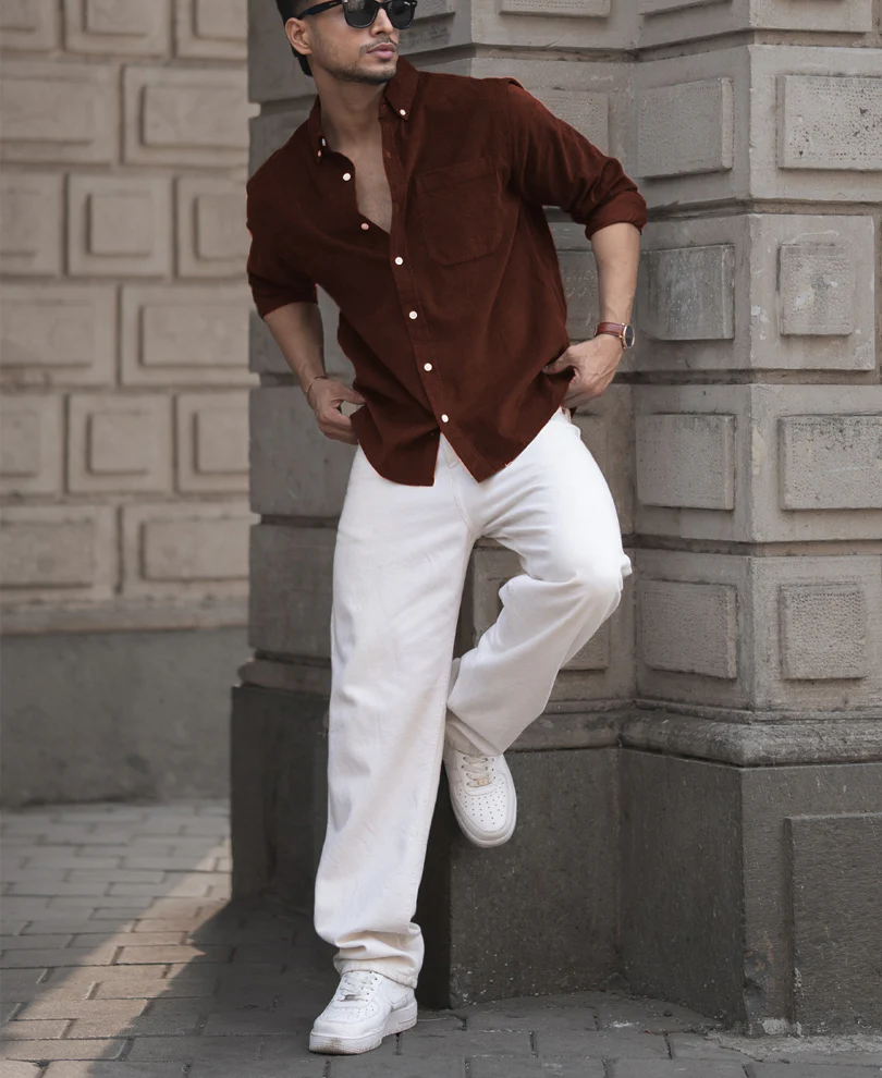 Brown Corduroy Regular Fit Full Sleeves Shirt - Image 5