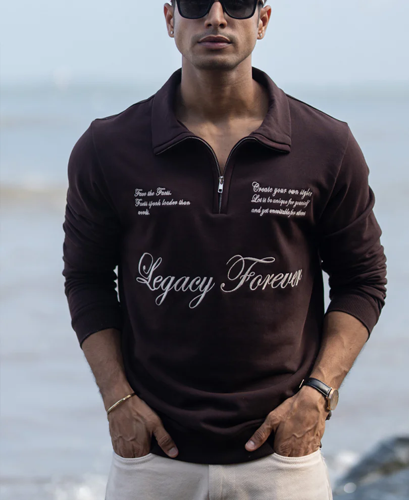Brown Embroidered Quarter Zip Sweatshirt - Image 3
