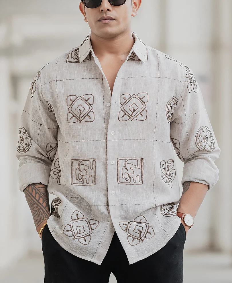 Green Embroidered Natural Shirt - Image 3
