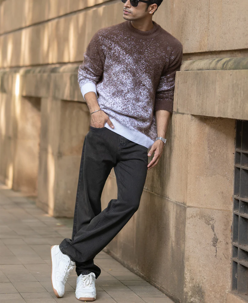 Brown Fuzzy Jacquard Knit Sweater - Image 6