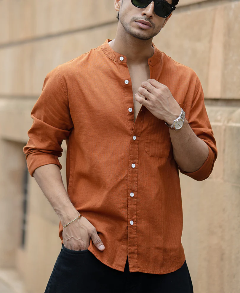 Brown Mandarin Collar Shirt - Image 3