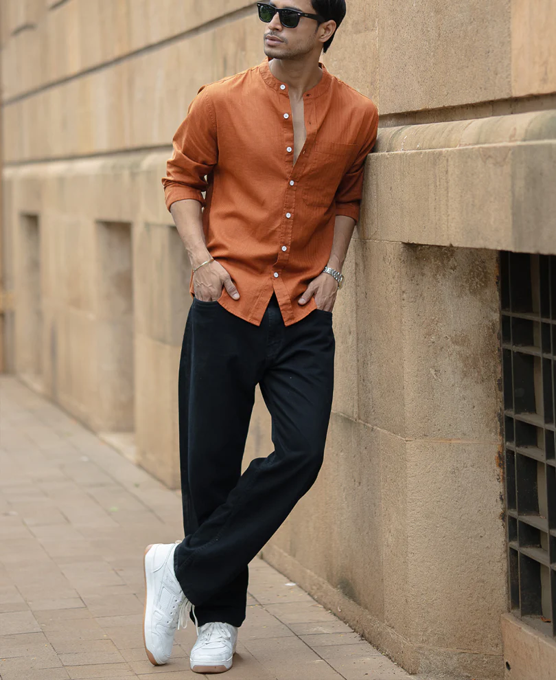 Brown Mandarin Collar Shirt - Image 7