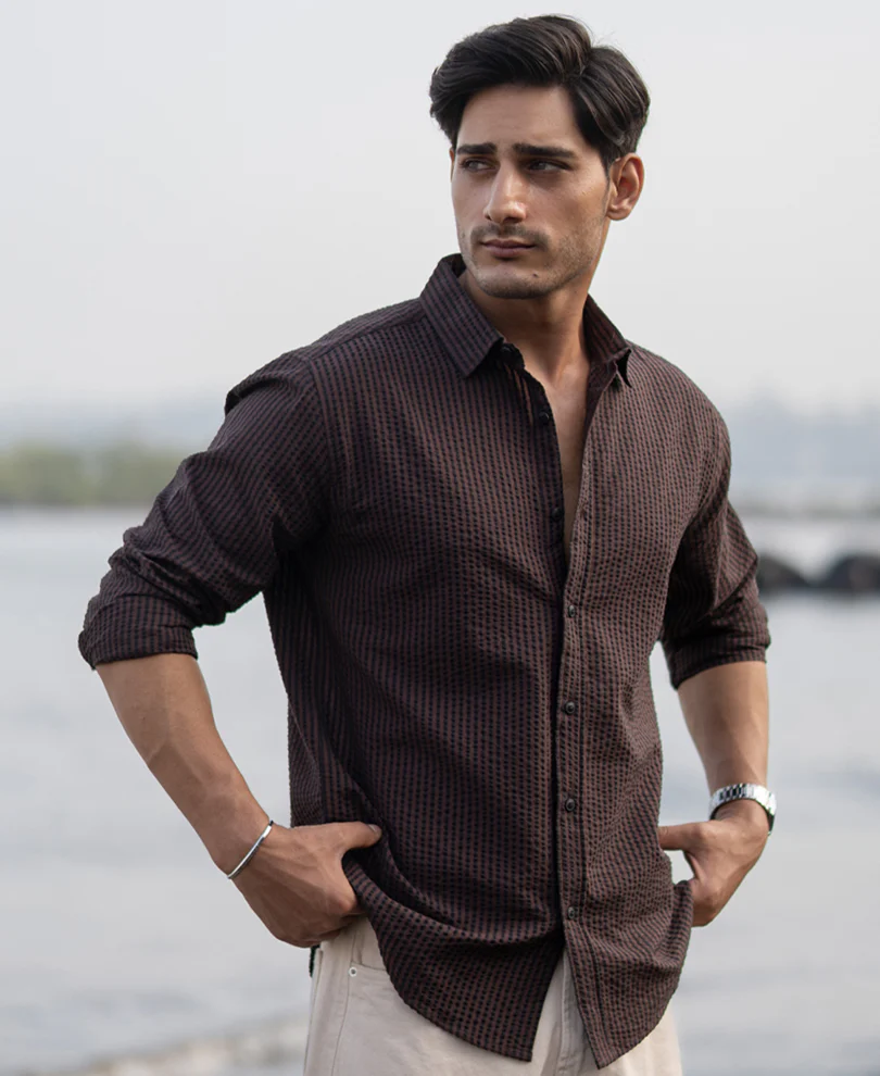 Brown Seer Sucker Stripe Shirt