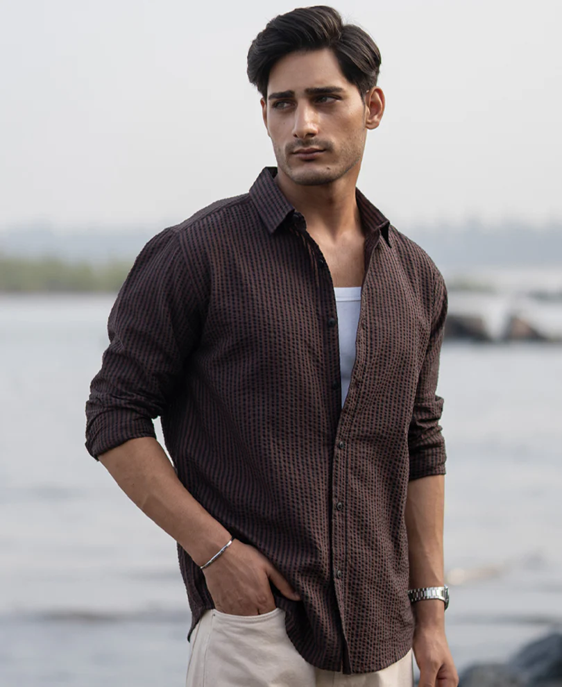 Brown Seer Sucker Stripe Shirt - Image 2