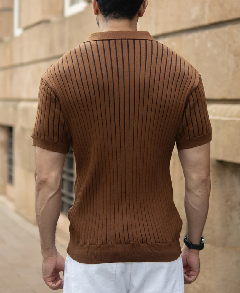 Brown Striped Knit Polo T-Shirt - Image 5