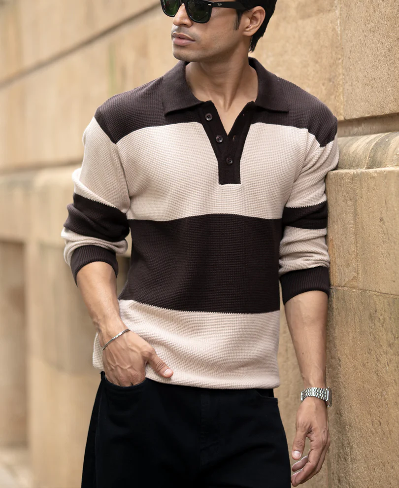 Brown Structured Knit Striped T-Shirt - Image 2