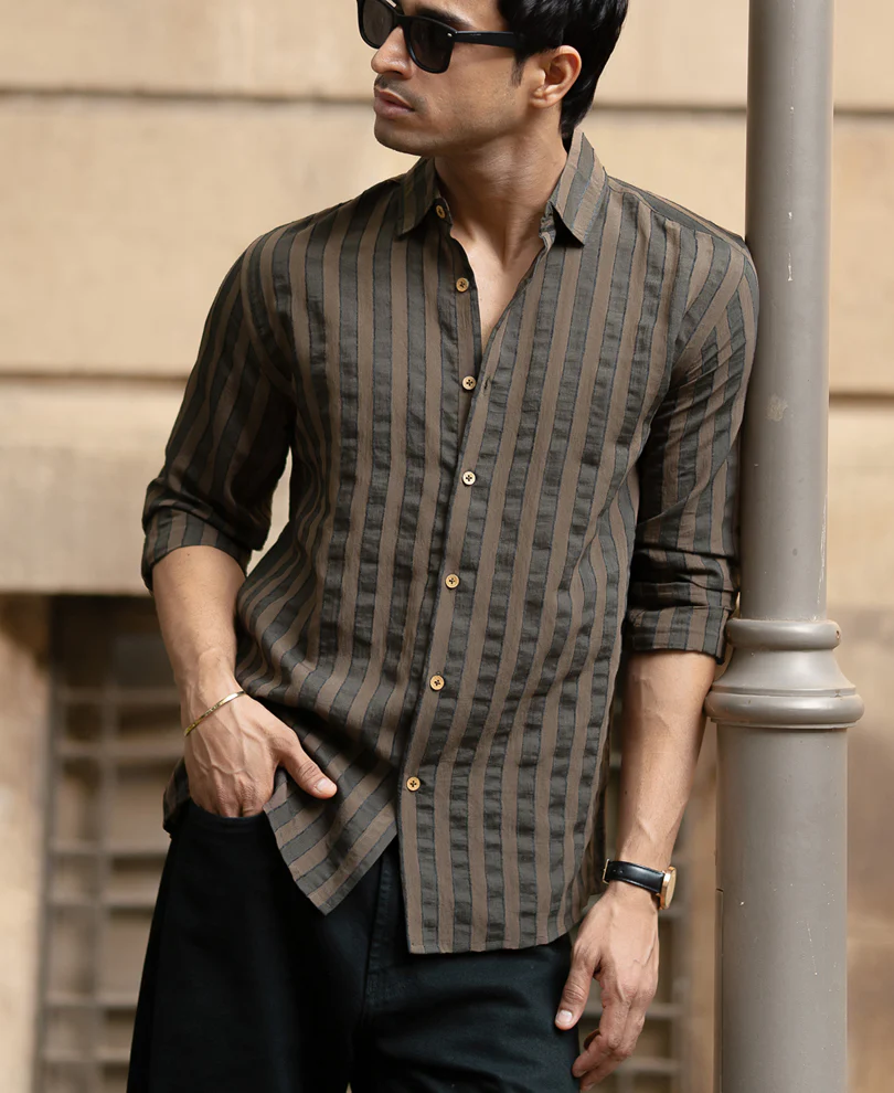 Brown Structured Self Striped Shirt - Image 2