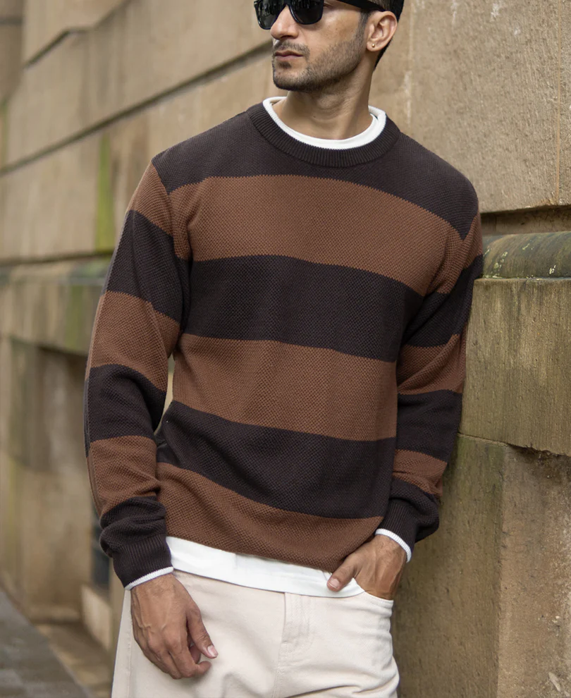 Brown Structured Stripe T-Shirt - Image 2