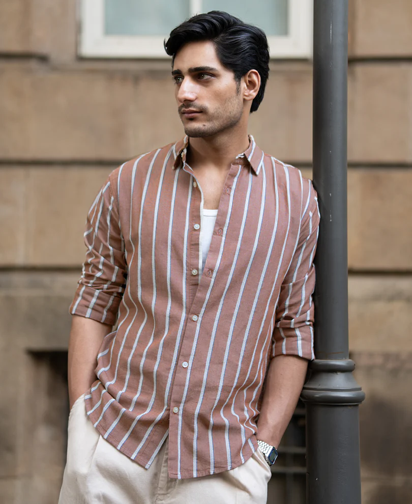 Brown Structured Striped Shirt