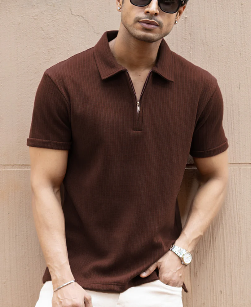 Brown Zipper Polo T-Shirt - Image 2