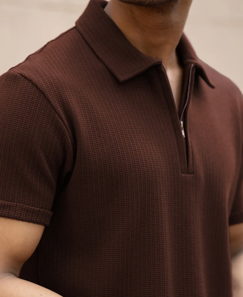 Brown Zipper Polo T-Shirt - Image 3
