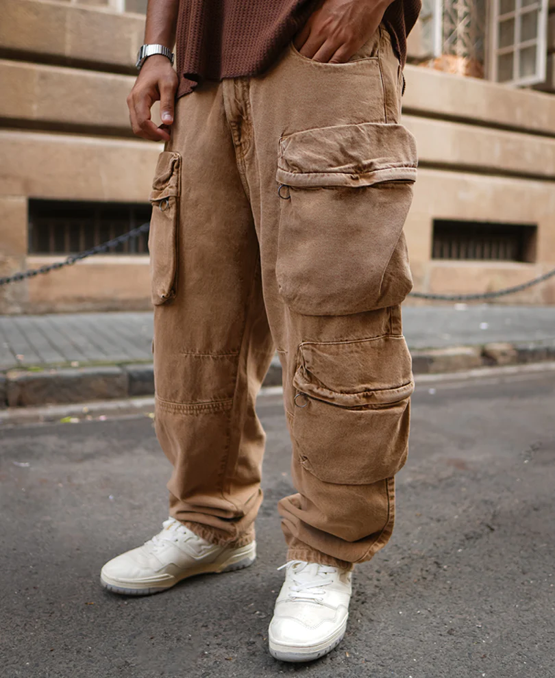 Camel Denim Cargo Baggy Fit Jeans - Image 2