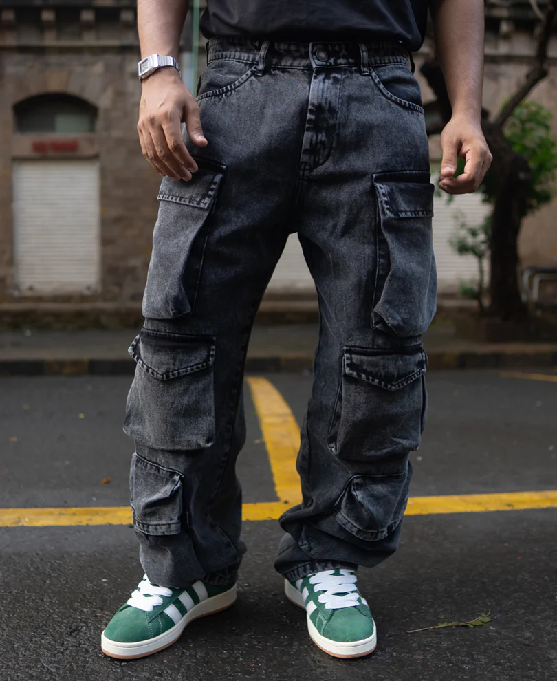Carbon Black Baggy Fit Cargo Pockets Denim Jeans - Image 2