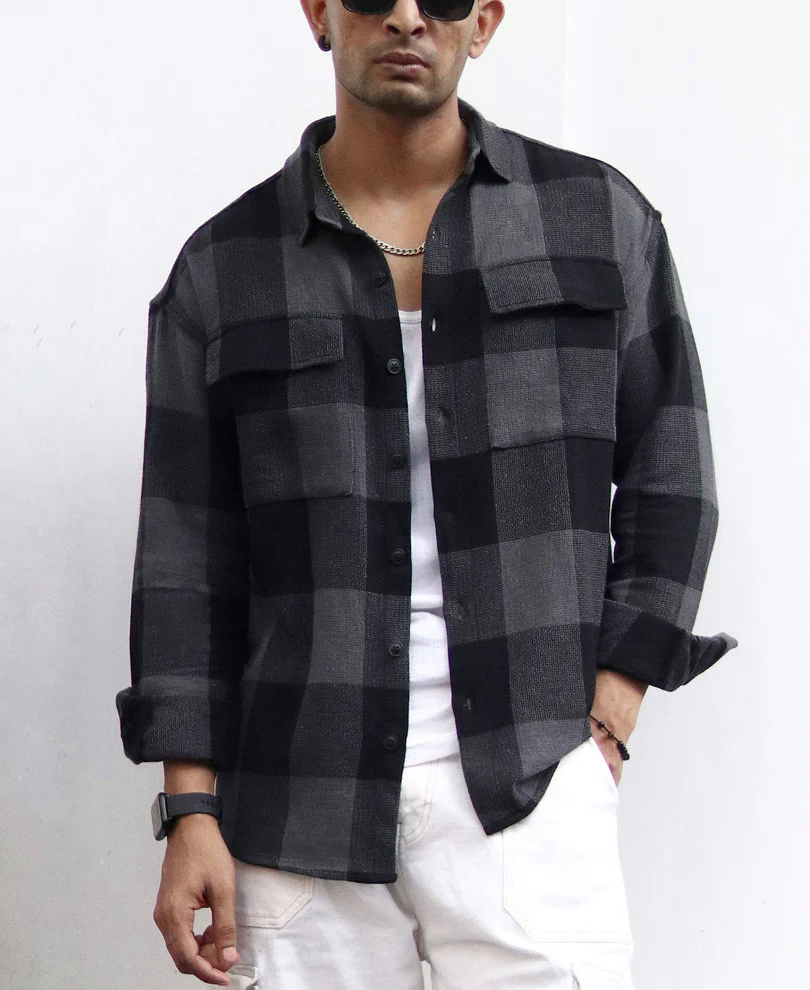 Charcoal Black Checks Structured Oversize Drop Shoulder Shirt - Image 2
