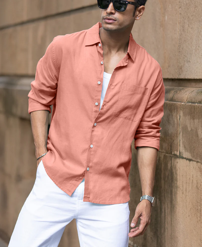 Coral Orange Linen Blend Shirt - Image 2