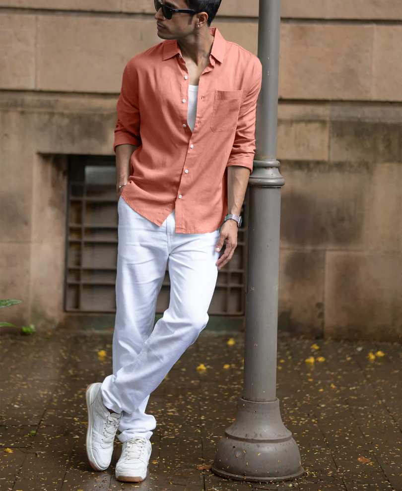 Coral Orange Linen Blend Shirt - Image 6