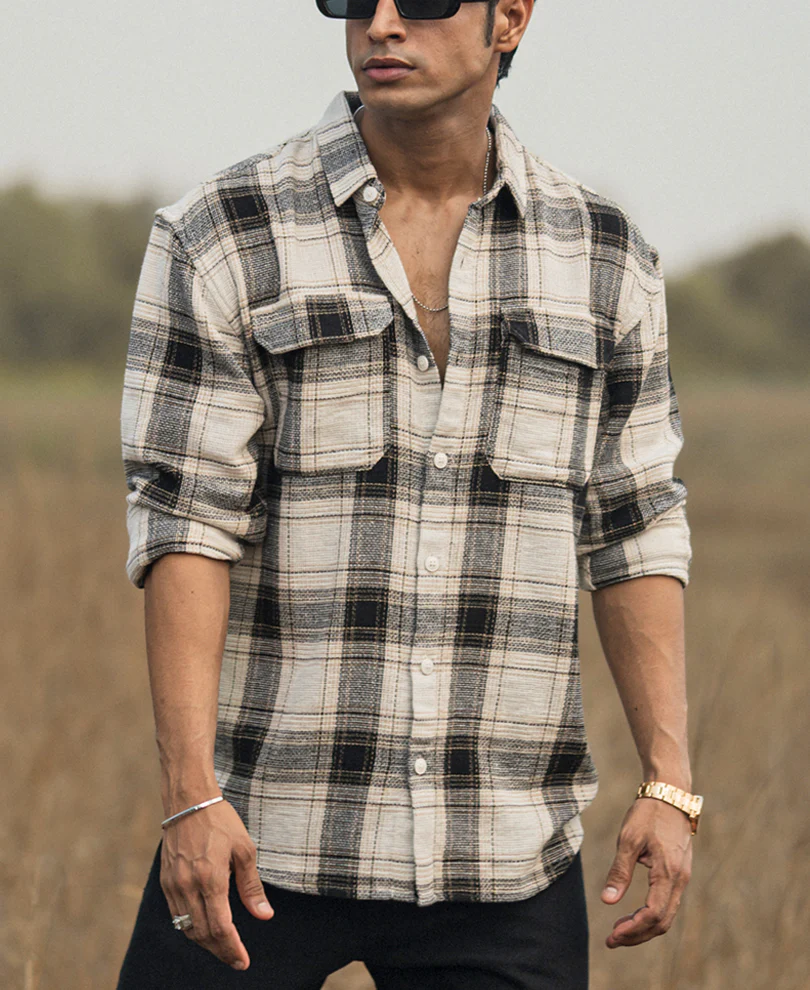 Cream Checked Structured Oversize Drop Shoulder Shirt - Image 2